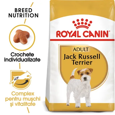 Pachet Royal Canin Adult Jack Russell Terrier, text vizibil: Crochete individualizate, Complex pentru mușchi și vitalitate, imagine croșetă și câine Jack Russell Terrier.