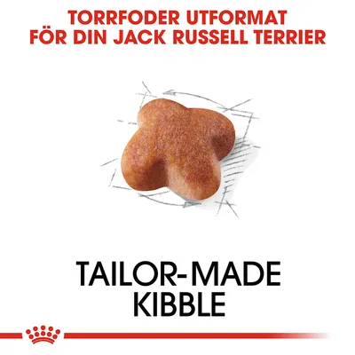 Text: Torrfoder utformat för din Jack Russell Terrier. Tailor-made kibble. Bild på en formad torrfoderbit.