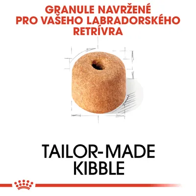 Granule navržené pro vašeho labradorského retrívra. TAILOR-MADE KIBBLE. Zobrazení jedné kulaté granule s otvorem uprostřed.