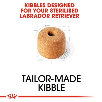 KIBBLES DESIGNED FOR YOUR STERILISED LABRADOR RETRIEVER. TAILOR-MADE KIBBLE. Текст на английском языке, изображение одной гранулы корма.
