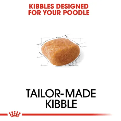 Kibbles designed for your poodle. Tailor-made kibble shown with a diagram highlighting its unique shape.