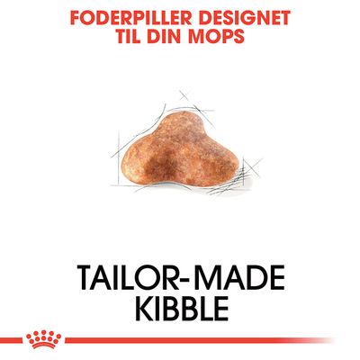 Foderpiller designet til din mops. TAILOR-MADE KIBBLE. Billede af en trekantet foderpille med skitserede linjer omkring.