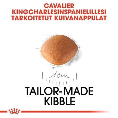 Cavalier Kingcharlesinspanielillesi tarkoitetut kuivanappulat, nappulan koko noin 1 cm. Teksti: TAILOR-MADE KIBBLE.