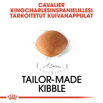 Cavalier Kingcharlesinspanielillesi tarkoitetut kuivanappulat, nappulan koko noin 1 cm. Teksti: TAILOR-MADE KIBBLE.