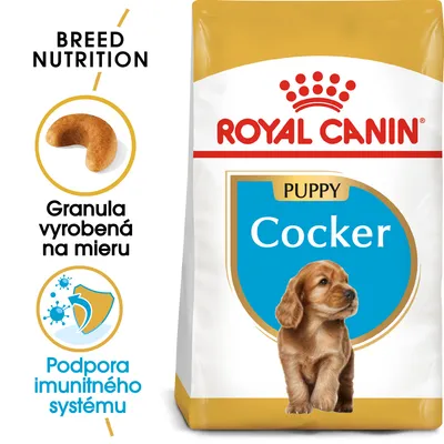 ROYAL CANIN PUPPY Cocker, granula vyrobená na mieru, podpora imunitného systému, balenie s obrázkom šteniatka a modrým štítom