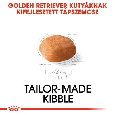 Golden Retriever kutyáknak kifejlesztett tápszemcse, 1 cm átmérővel. Tailor-made kibble felirat látható.