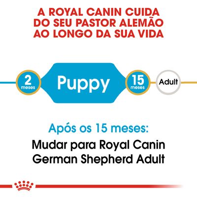 Texto: A Royal Canin cuida do seu pastor alemão ao longo da sua vida. Puppy dos 2 aos 15 meses. Após os 15 meses: mudar para Royal Canin German Shepherd Adult.
