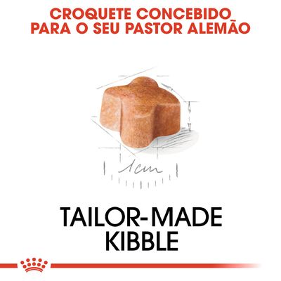 Croquete concebido para o seu Pastor Alemão, tamanho aproximado 1 cm. Texto em inglês: Tailor-made kibble.