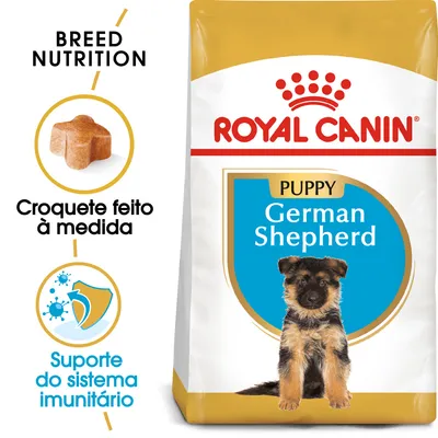 Saco de ração Royal Canin Puppy German Shepherd com imagem de cachorro, texto: 'Croquete feito à medida' e 'Suporte do sistema imunitário'.