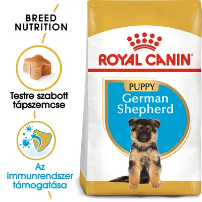 Royal Canin Puppy German Shepherd kutyatáp csomagolás, testre szabott tápszemcse és immunrendszer támogatása kiemelve. Kép: német juhász kölyök.