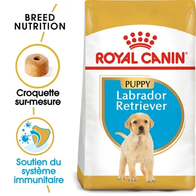 Sachet Royal Canin Puppy Labrador Retriever, texte visible : Breed Nutrition, Croquette sur-mesure, Soutien du système immunitaire. Image d’une croquette et pictogramme bouclier. Sachet Royal Canin Puppy Labrador Retriever, texte visible : Breed Nutrition, Croquette sur-mesure, Soutien du système immunitaire. Image d’une croquette et pictogramme bouclier.