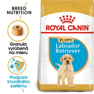 Balenie Royal Canin Puppy Labrador Retriever, text: Granula vyrobená na mieru, Podpora imunitného systému, obrázok granuly a psa. Breed Nutrition.
