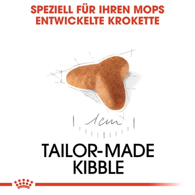 Speziell für Ihren Mops entwickelte Krokette, massgeschneidert mit einer Grösse von 1 cm. Tailor-made kibble.
