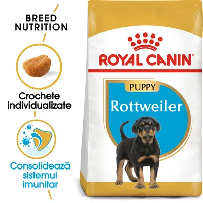 Pachet Royal Canin Puppy Rottweiler, imagine cu cățel, text: Crochete individualizate, Consolidează sistemul imunitar, BREED NUTRITION.