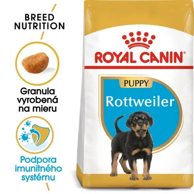 ROYAL CANIN Puppy Rottweiler, granula vyrobená na mieru, podpora imunitného systému. Balenie s obrázkom šteňaťa rottweilera.