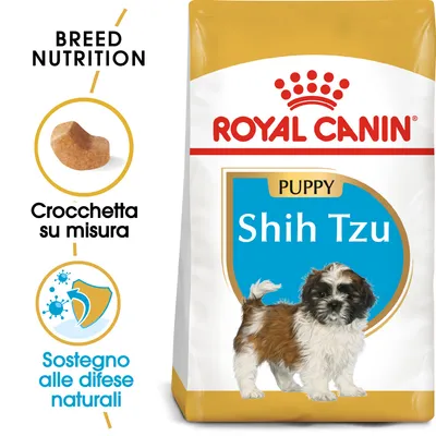 Royal Canin Puppy Shih Tzu, crocchetta su misura, sostegno alle difese naturali. Immagine di cucciolo Shih Tzu sulla confezione.