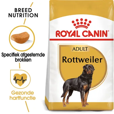 Royal Canin Adult Rottweiler hondenvoer, tekst: Specifiek afgestemde brokken, Gezonde hartfunctie, afbeelding van een Rottweiler en brokvorm zichtbaar op de verpakking.