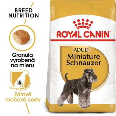 Royal Canin Adult Miniature Schnauzer, granula vyrobená na mieru, zdravé močové cesty. Balenie s obrázkom psa a textom Breed Nutrition.