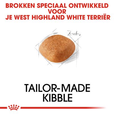 Brokken speciaal ontwikkeld voor je West Highland White Terriër. Tailor-made kibble. Afbeelding van een enkele brok met schetslijnen eromheen.
