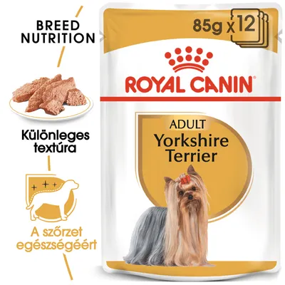 Royal Canin Adult Yorkshire Terrier 85 g x12, különleges textúra, a szőrzet egészségéért. Kutya képe a csomagoláson.