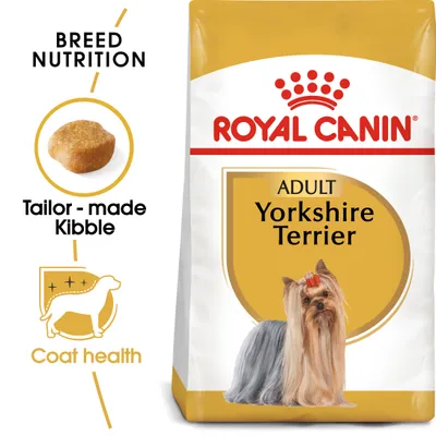 Συσκευασία Royal Canin Adult Yorkshire Terrier, εικόνα κροκέτας, αγγλικό κείμενο: Breed Nutrition, Tailor-made Kibble, Coat health.