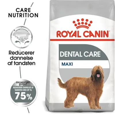 ROYAL CANIN DENTAL CARE MAXI hundefoder. Tekst: Reducerer dannelse af tandsten. Dokumenteret effekt: reducerer dannelse af tandsten med op til 75 %. Care Nutrition.