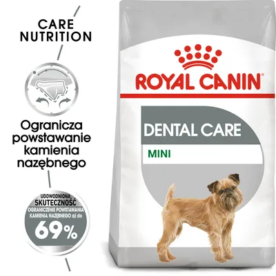 Royal Canin Dental Care Mini. Ogranicza powstawanie kamienia nazębnego. Udowodniona skuteczność ograniczenia kamienia nazębnego aż do 69%. Opakowanie z psem rasy miniaturowej.