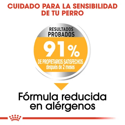 Cuidado para la sensibilidad de tu perro. Resultados probados: 91 % de propietarios satisfechos después de 2 meses. Fórmula reducida en alérgenos.