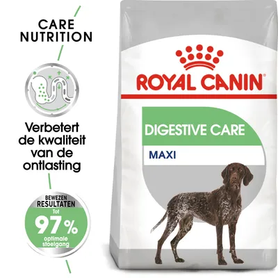 Royal Canin Digestive Care Maxi hondenvoer. Tekst: 'Verbetert de kwaliteit van de ontlasting', 'Bewezen resultaten tot 97% optimale stoelgang'. Afbeelding van een hond op de verpakking.