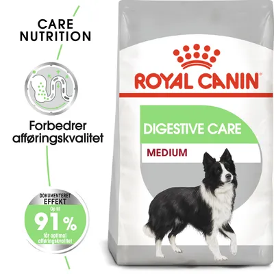 ROYAL CANIN DIGESTIVE CARE MEDIUM hundefoder, tekst: Forbedrer afføringskvalitet, dokumenteret effekt op til 91 % får optimal afføringskvalitet, billede af sort-hvid hund