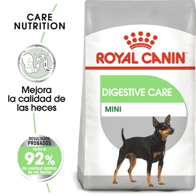 Royal Canin Digestive Care Mini. Mejora la calidad de las heces. Resultados probados: hasta el 92 % de calidad óptima de las heces. Imagen de un perro pequeño en el envase.