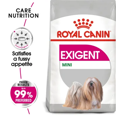 Care nutrition product labelled Exigent Mini. Satisfies a fussy appetite. Proven results: up to 99% preferred.