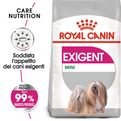 ROYAL CANIN EXIGENT MINI, soddisfa l’appetito dei cani esigenti, risultati provati: fino al 99% manifesta preferenza. Immagine di un cane a pelo lungo sulla confezione.