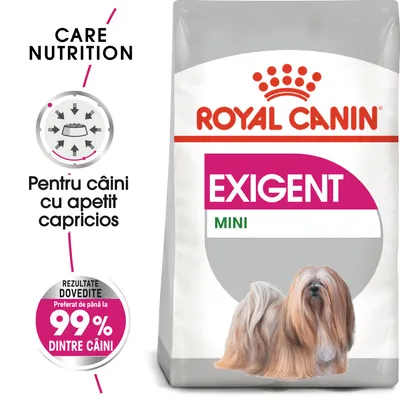Royal Canin Exigent Mini, pentru câini cu apetit capricios. Rezultate dovedite: preferat de până la 99% dintre câini. Ambalaj cu imaginea unui câine mic cu blană lungă.
