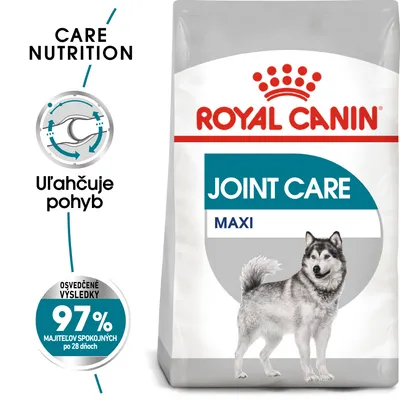 ROYAL CANIN JOINT CARE MAXI, uľahčuje pohyb, osvedčené výsledky: 97 % majiteľov spokojných po 28 dňoch, balenie s obrázkom psa huskyho.