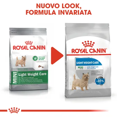 Confronto tra due confezioni di Royal Canin Mini Light Weight Care, testo in alto: 'Nuovo look, formula invariata'. Sulla nuova confezione visibile '-31% fat' e 'Limits weight gain'.