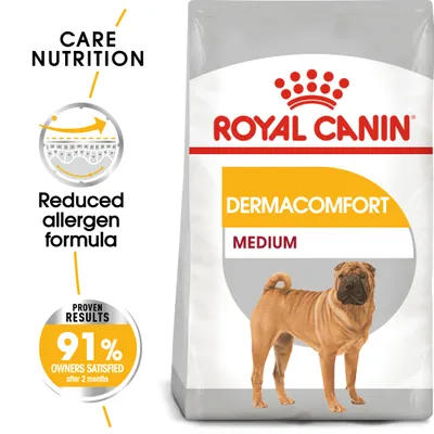 Royal Canin Dermacomfort Medium with reduced allergen formula. Proven results: 91% owners satisfied after 2 months. Care nutrition highlighted on packaging.