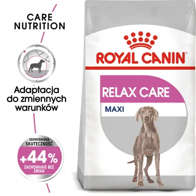 ROYAL CANIN RELAX CARE MAXI, adaptacja do zmiennych warunków, udowodniona skuteczność +44% zachowanie bez zmian, opakowanie karmy dla psa dużej rasy