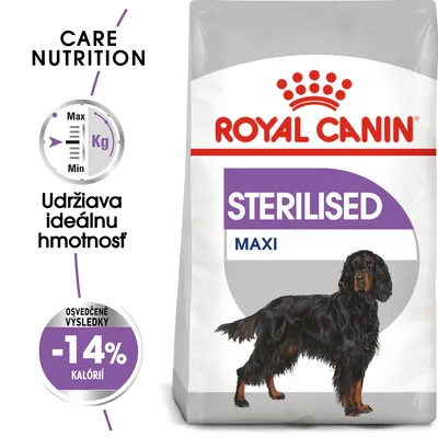 Royal Canin STERILISED MAXI, udržiava ideálnu hmotnosť, osvedčené výsledky -14 % kalórií. Balenie s obrázkom veľkého čierneho psa.