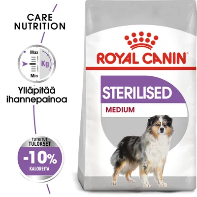 Royal Canin Sterilised Medium -koiranruokapakkaus, tekstit: ylläpitää ihannepainoa, tutkitut tulokset -10 % kaloreita, Care Nutrition, kuva keskikokoisesta koirasta.