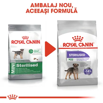 Ambalaj nou, aceeași formulă. Două pungi Royal Canin Mini Sterilised pentru câini de talie mică, vechi și nou, cu text vizibil: STERILISED, -14% CALORIES, Maintains Ideal Weight.