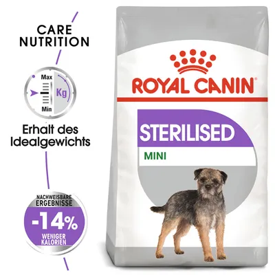 Royal Canin Sterilised Mini. Ohranitev idealne teže, dokazani rezultati: 14 % manj kalorij. Care Nutrition z lestvico od Max do Min kg.