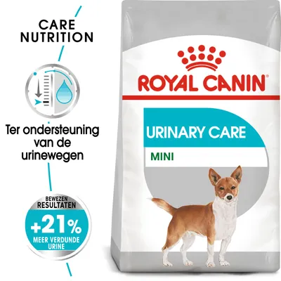 Royal Canin Urinary Care Mini hondenvoer, ter ondersteuning van de urinewegen. Bewezen resultaten: +21% meer verdunde urine. Afbeelding van kleine hond op verpakking.