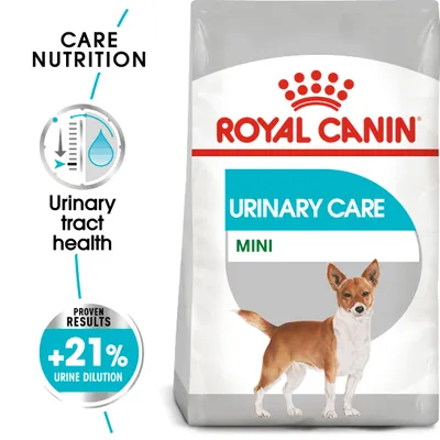 ROYAL CANIN URINARY CARE MINI dog food pack, text: Care Nutrition, Urinary tract health, Proven results +21% urine dilution, image of small brown and white dog on packaging