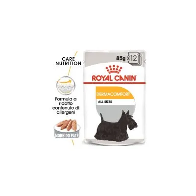 Royal Canin Dermacomfort All Sizes 85 g x12, formula a ridotto contenuto di allergeni, morbido paté, immagine di cane nero su confezione.