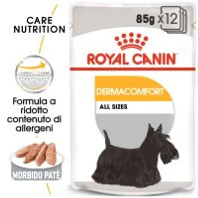Royal Canin Dermacomfort All Sizes 85 g x12, formula a ridotto contenuto di allergeni, morbido paté, immagine di cane nero su confezione. Royal Canin Dermacomfort All Sizes 85 g x12, formula a ridotto contenuto di allergeni, morbido paté, immagine di cane nero su confezione.