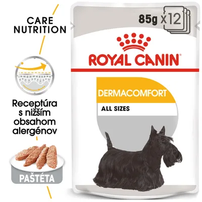 ROYAL CANIN DERMACOMFORT ALL SIZES, 85 g x12, paštéta. Receptúra s nižším obsahom alergénov. Obrázok psa na obale.