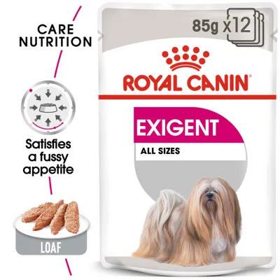 Royal Canin Exigent all sizes, 85g x12. Care Nutrition. Satisfies a fussy appetite. Loaf texture shown.