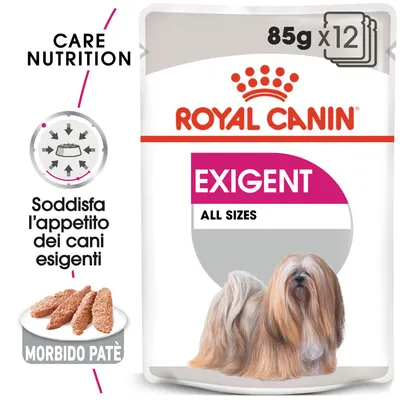 Royal Canin Exigent All Sizes, 85 g x12, morbido patè. Soddisfa l’appetito dei cani esigenti. Immagine di un cane a pelo lungo sulla confezione. Royal Canin Exigent All Sizes, 85 g x12, morbido patè. Soddisfa l’appetito dei cani esigenti. Immagine di un cane a pelo lungo sulla confezione.