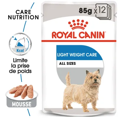 Royal Canin Light Weight Care All Sizes, 85 g x12, mousse pour chien. Texte visible : limite la prise de poids, Care Nutrition, Kcal.